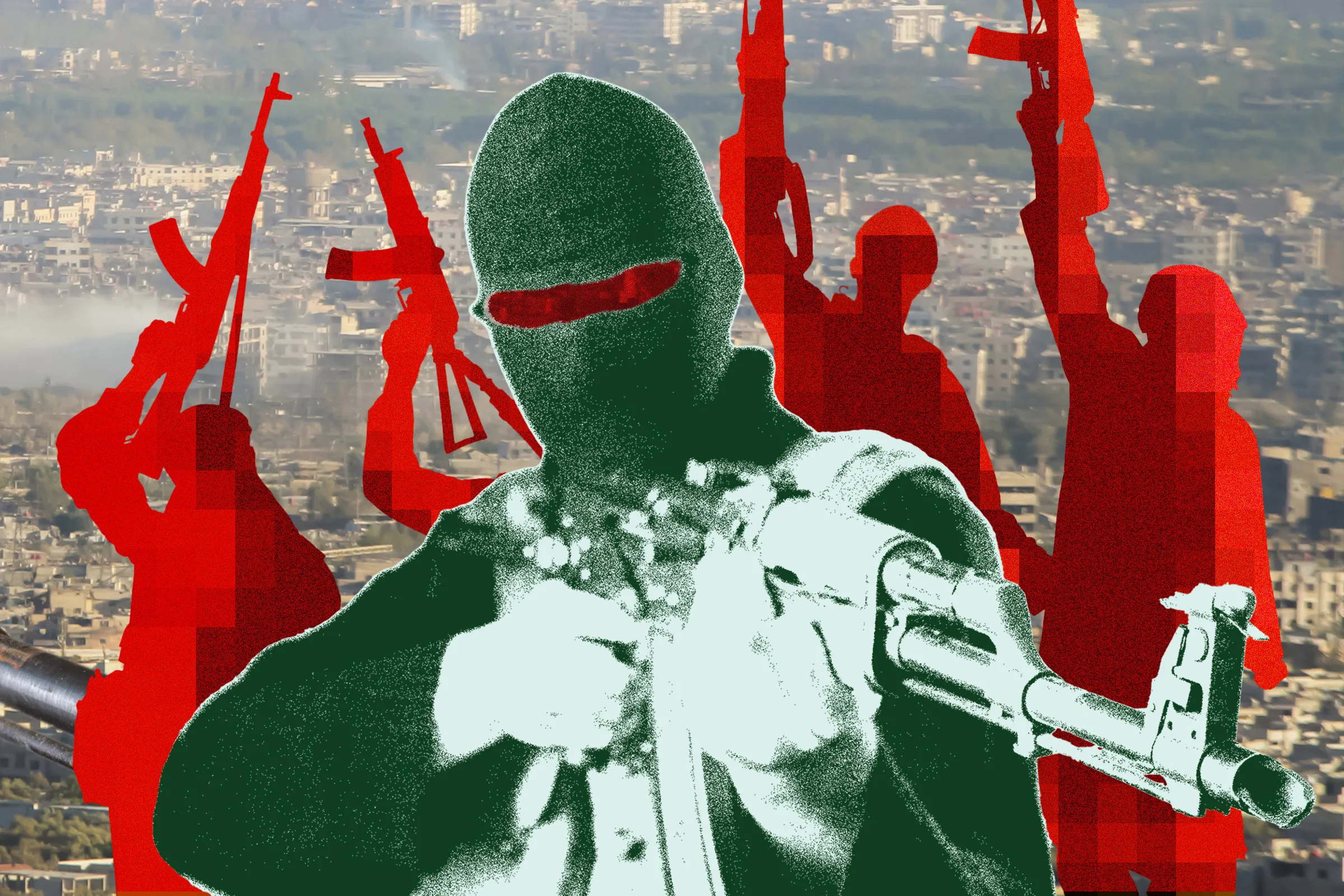 Illustration of AI-generated propaganda on a mobile device screen displaying social media